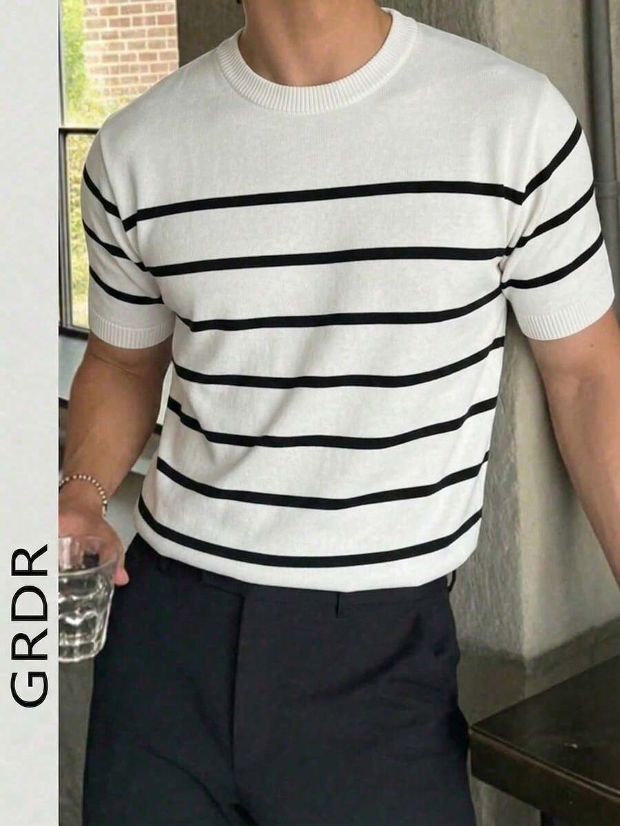 GRDR 男士夏季针织条纹短袖衬衫，适合休闲商务时尚经典装扮