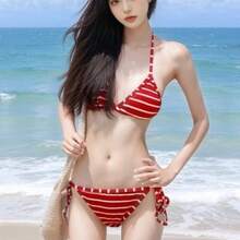 Women Tankinis - Red Stripes + White Coat - View 4