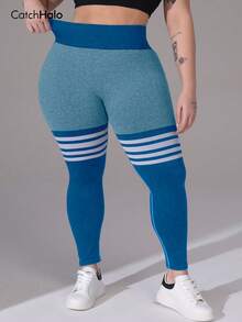 Plus Size Women's Colorblock Striped Yoga Pants, Seamless, High Waist, Abdomen Shaping, Butt Lifting, High Elasticity, Fitness Workout Running Sports - 漫遊藍 - 查看 3