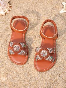 1 Paar Mädchen Perlen Strass Elefanten Dekor atmungsaktive Futter Slip-On Sandalen, leichte rutschfeste Gummisohle, offene Zehenpartie, elastischer Knöchelriemen, flach, vielseitiger exotischer Stil Mädchen Sandalen für den täglichen Gebrauch, Schule, Familienausflüge - Braun - Übersicht 4