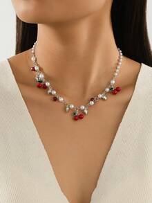 1pc Pearl Necklace With Cherry Pendant - Cherry - View 4
