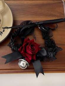 1件哥特风项链，洛丽塔黑色蝴蝶结红色玫瑰铃铛吊坠项链，女士蕾丝颈链 - 黑色 - 查看 7