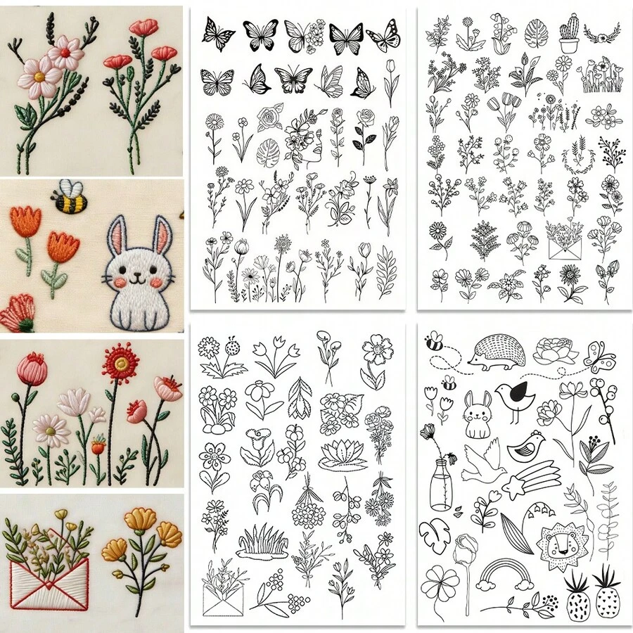 水溶性刺绣稳定剂，预印树叶和动物图案，手工缝纫和编织DIY工艺稳定剂，适用于帽子、手套、服装和其他DIY项目，易于使用的缝纫纸