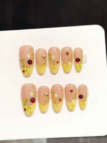 10 Stücke handgemachte Aufkleb-Nägel mit Marienkäfer und Biene, gelbe französische Spitze mit Blumen- und Insektenmotiv, kurze ovale Acryl-Kunstnägel für Frühlingspicknick, Geschenk, Alltagsgebrauch, mit Gelee-Kleber und Nagelfeile, DIY Nail Art Zubehör - Gelb - Übersicht 1