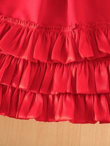 1pc Girls Cute Fashionable 3D Rose Flower Solid Color Ruffle Hem Sleeveless Dress - Red - View 7