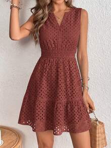 PRETTYGARDEN Women's Summer Dress Sleeveless V Neck Eyelet Cutout Swinging A-Line Flowy City Walks Wedding Guest Graduation Beach Vacation Sun Dress Brown  Dresses - 棕色 - 查看 5
