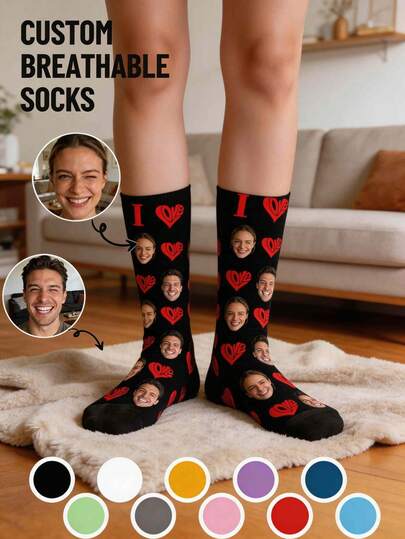 1 Pair Customized Text & Graphic Print Funny Couple Socks, Can Personalize With Photo And Name, Unique Customized Couple Socks, Suitable For Valentine's Day, Birthday, Christmas Gifts
