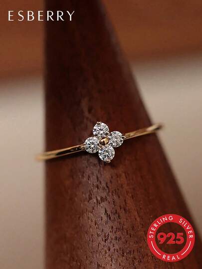 ESBERRY 1 pieza Anillo de trébol de cuatro hojas de plata de ley 925, anillo diario de moda, regalo de joyería exquisito para mujeres, accesorio elegante