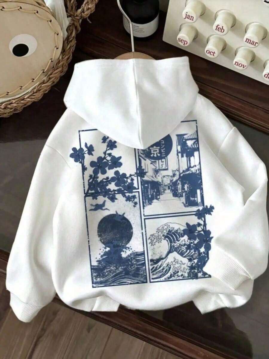 Women's Japanese-Inspired Floral & Wave Print Hoodie - Casual Drawstring Hooded Sweatshirt, All-Season Comfort, Machine Washable, White With Blue Artwork, Comfortable Streetwear, Relaxed Fit Sweatshirt - 黑色 - 查看 1
