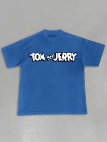 Strevion OBM Men X TOM & JERRY 男士简约汤姆滑雪图案印花圆领短袖T恤，夏季 - 寶藍色 - 查看 2