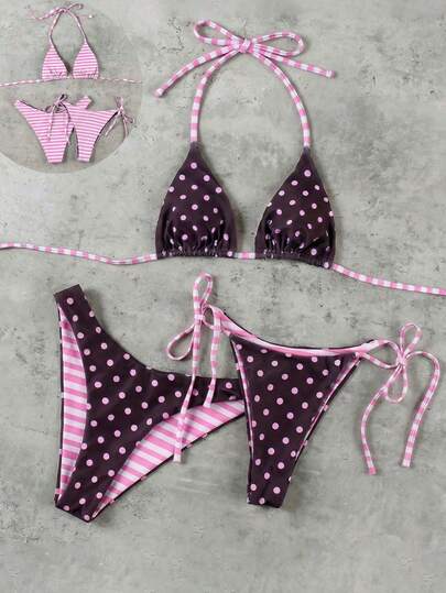 Nuevo bikini de lunares de primavera/verano con escote halter, traje de baño casual, sexy y elegante con lazos reversible para playa, vacaciones y fiestas