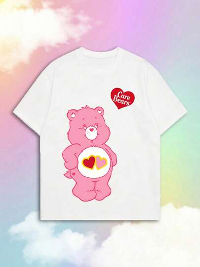 SHEIN | Care Bears 女士甜美粉色爱心熊双心印花短袖T恤，可爱美学风格，柔软休闲宽松圆领T恤，可爱卡通图案上衣，适合日常穿着、约会之夜、野餐和粉嫩时尚穿搭。