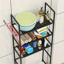 1-Piece 3-Tier Toilet Storage Cabinet - Space-Saving, No Drilling Required, Easy To Assemble, Suitable For Bathroom Items, With A Rust-Resistant Metal Frame And Plastic Shelves, Perfect For Storing Toiletries, Towels, And Decorations, Modern Bathroom Organizer|   Durable Structure, Shower Basket - 黑色 - 查看 8