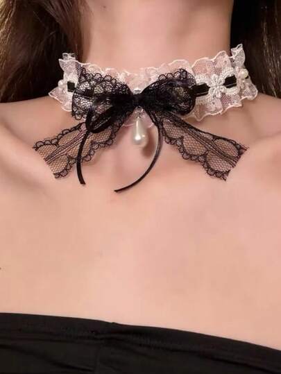 1件时尚蕾丝蝴蝶结装饰颈链，适合女性日常佩戴