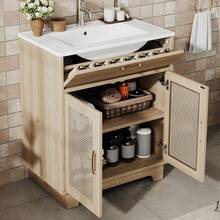 Freestanding Vanity Unit Measuring 76 X 46 X 88 Cm, Moisture-Resistant, With Lift-Up Drawers And Soft-Close Doors, Tall Legs With Rattan Details, Ceramic Basin, Natural Finish - Wood Color - View 3