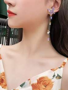 1 Pair Korean Style Elegant Purple Butterfly Earrings With Long Pearl Tassel, Flattering Design For Women - Multicolor - View 1