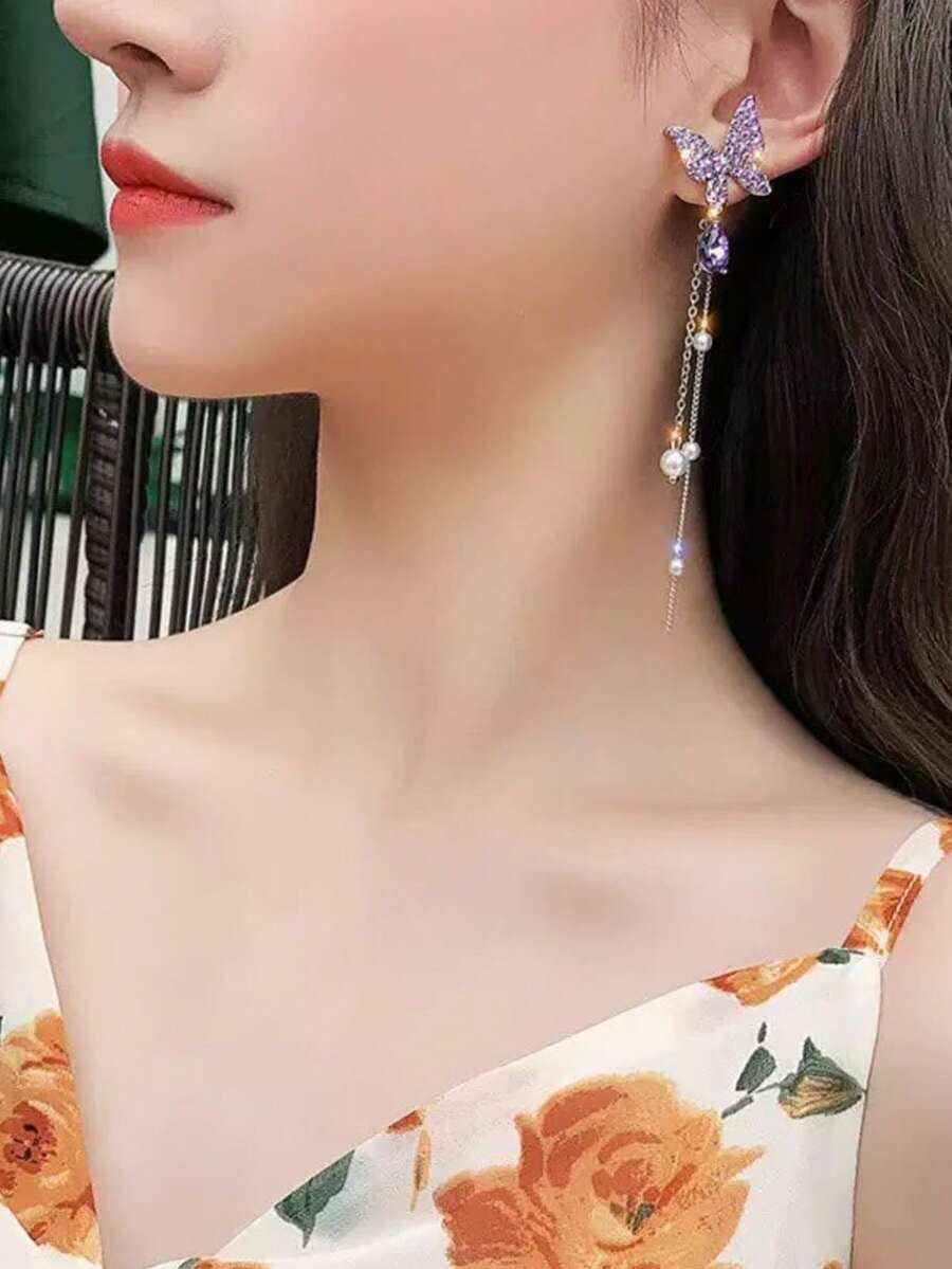 1 Pair Korean Style Elegant Purple Butterfly Earrings With Long Pearl Tassel, Flattering Design For Women - Multicolor - View 1