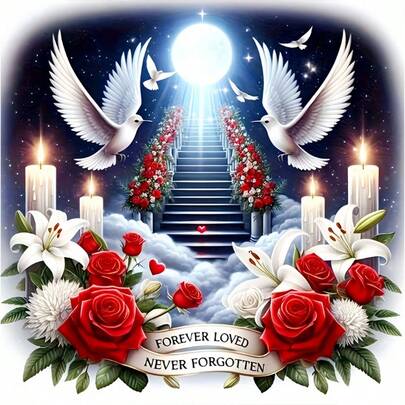 5D DIY钻石画套装 - 红玫瑰与白鸽，适合成人初学者，休闲爱好，家居装饰，适用于卧室、走廊、书房、办公室，墙面艺术，无框，节日派对礼物