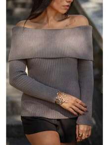Blusa tricot canelada ombro a ombro manga longa moda tricô - Cinza - Visão 4