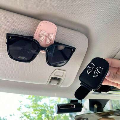 PU Leather Car Sun Visor Clip With Rhinestone Bow, Suitable For Storing Sunglasses, Cards, And Other Items On Car Sun Visor