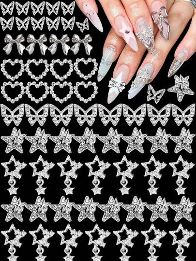 Silver Nail Accessories Set - Rhinestone Butterfly Bow Nail, Acrylic Gel Nail 3D Shiny Metal Nail, Wedding Party Daily Nail Design DIY Nail Accessories, Suitable For DIY Nail, Salon Use, Wedding, Party And Daily Styling