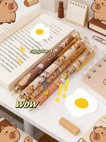 6支/盒 可爱水豚图案可伸缩圆珠笔，0.5mm黑色墨水，中性笔，适合日常使用、学生和办公人士 - 彩色 - 查看 4