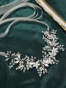 1 pieza Cinturón de novia con decoración de flor y hoja de cristal y perla falsa, accesorio elegante de faja para vestido de novia, festival, fiesta - Plateado - Ver 7