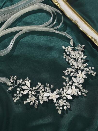 1件新娘水晶珍珠花叶装饰系带腰带，优雅婚纱腰带配饰