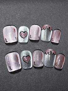 1package/10pcs-Pink Glitter Cat Eye Press On Nails | Heart & Dripping French Design | Cute Y2K Short Square Fake Nails - Pink - View 9
