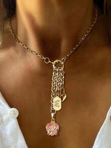 1件金色字母项链，粉色十字架立方氧化锆吊坠项链，时尚多吊坠项链，独特奢华女士项链 - 金黃色 - 查看 4