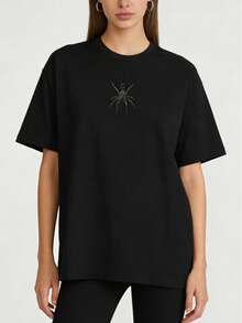 Sp5der  T-Shirts Unisex ,Classic Spider Print Design ,Summer Vintage Short Sleeve Casual ,Basic Tee Tops, Black Color - 黑色 - 查看 6