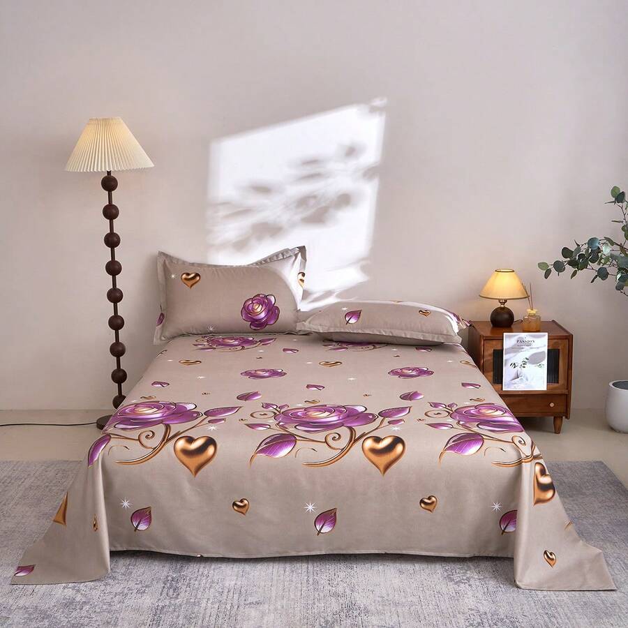1pc Floral Print Bedsheet (Includes Pillowcase, Excludes Filling) Polyester Fabric Printed Bedsheet Bedcover, Washable, Soft & Durable, Suitable For Bedroom Or Guest Room, Modern Minimalist Home Bedding - Mina - View 1