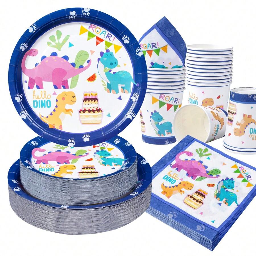 Dinosaur Pattern Disposable Tableware Set, 7/9 Inch Party Plates, Disposable Paper Plates, Cups, Napkins, Suitable For Holidays, Weddings, Engagements, Birthdays, Parties, Celebrations - Multicolor - View 1