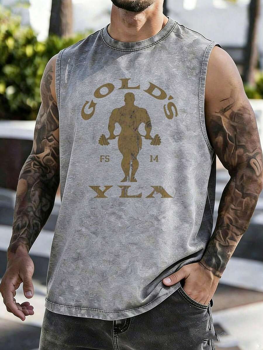 Men's Printed Vintage Washed Vest, Loose Fit, Casual Street Style, An Essential Everyday Item - Xám - Xem 1