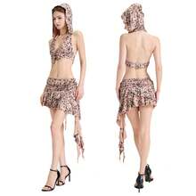 Women's Y2k Skirt Sets 2 Piece Outfits Leopard Halter Crop Tops And Ruffle Layered Mini Skirt Set Rave Festival - 彩色 - 查看 2