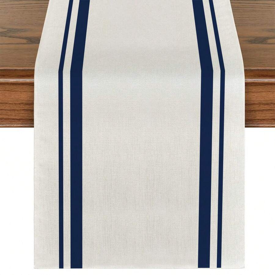 1pc Bohemian Style Minimalist Striped Pattern Table Runner, Textured Rectangular Tablecloth Suitable For Dining Table, Coffee Table, Home Decor, Durable Kitchen And Dining Room Decoration, Table Decor - Navy Blue - View 1