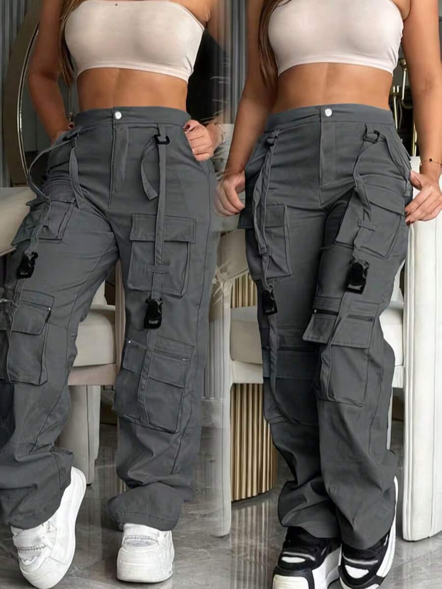 Women's Gray Multi-Pocket Retro Straight Leg Cargo Pants, Casual Street Style Fashion Versatile Trousers, Suitable For Spring & Summer - Grey - View 1