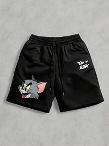 Strevion TOM & JERRY Men's Summer Loose Cat & Mouse Laughing Tom Pattern Print Casual Sports Shorts - Black - View 1