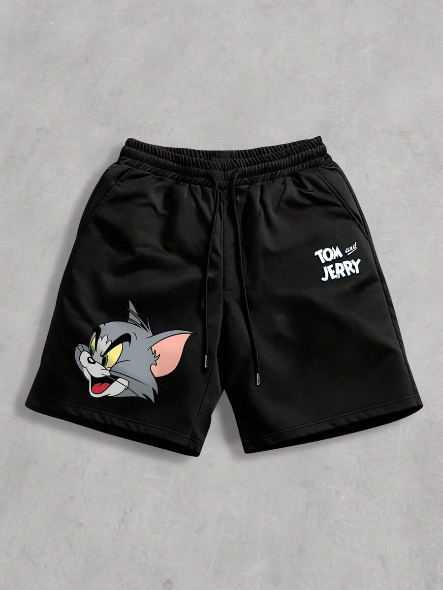 Strevion TOM & JERRY Men's Summer Loose Cat & Mouse Laughing Tom Pattern Print Casual Sports Shorts - Black - View 1