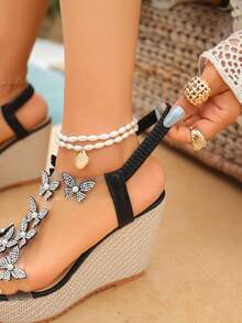 Women's Transparent Rhinestone Butterfly Wedge Sandals, Open Toe Woven Texture High Heel, Summer Party Beach Holiday Shoes - Black - View 2