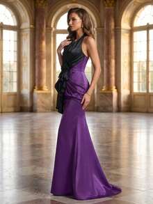 Đầm dạ hội dáng đuôi cá cổ yếm sang trọng màu đen và tím, dài tay, không tay, điểm nhấn nơ, thích hợp cho đám cưới, tiệc tùng mùa xuân. - Màu tím - Xem 3