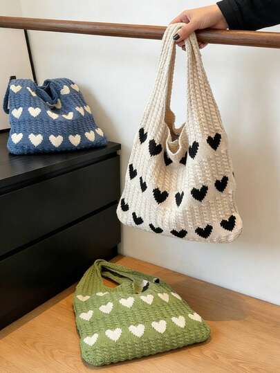 1 Bộ Túi Đan Hình Trái Tim Dễ Thương, Túi Đeo Vai Dung Tích Lớn, Túi Mua Sắm Đan Tay Nhẹ nhàng Thích Hợp Cho Kỳ Nghỉ & Sử Dụng Hàng Ngày, Túi Tote Đan Thời Trang Với Hình Trái Tim Đỏ, Túi Đeo Vai Một Kích Cỡ Phù Hợp Cho Nữ