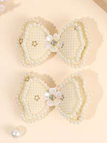 2个花朵珍珠蝴蝶结发夹，优雅时尚，日常发卡，少女青少年发饰 - 彩色 - 查看 1
