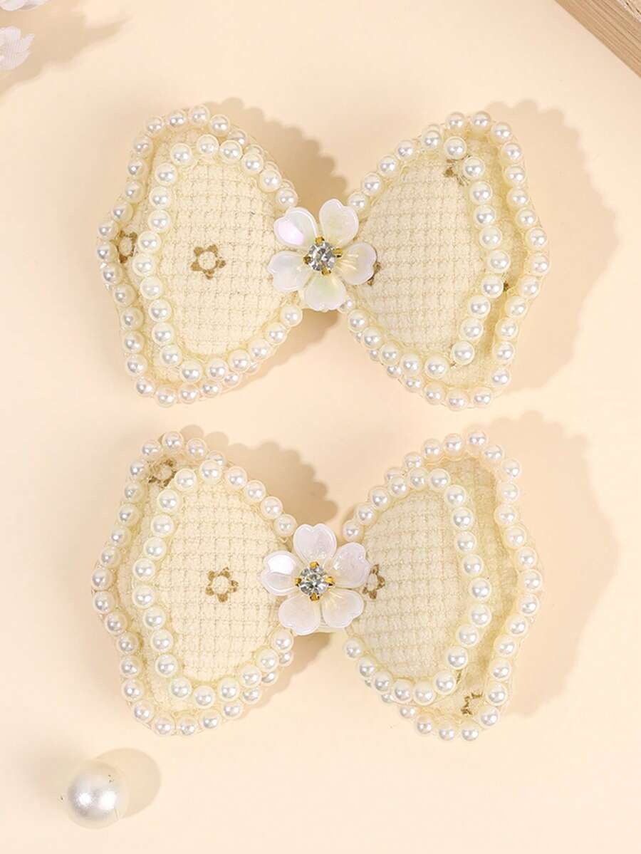 2个花朵珍珠蝴蝶结发夹，优雅时尚，日常发卡，少女青少年发饰 - 彩色 - 查看 1