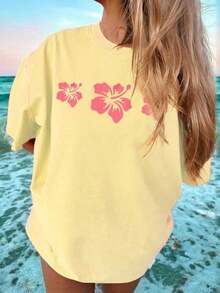 Summer TopsWomen Y2k Oversized Graphic Tees Floral Print Short Sleeve Crewneck T Shirts Loose Fit Summer   Tops For Teen Girls Aesthetic Clothes 2000s Beach Shirts For Women StreetwearLoose And Comfortablesummer Clothes Summer Outfits For Women - Màu vàng - Xem 2