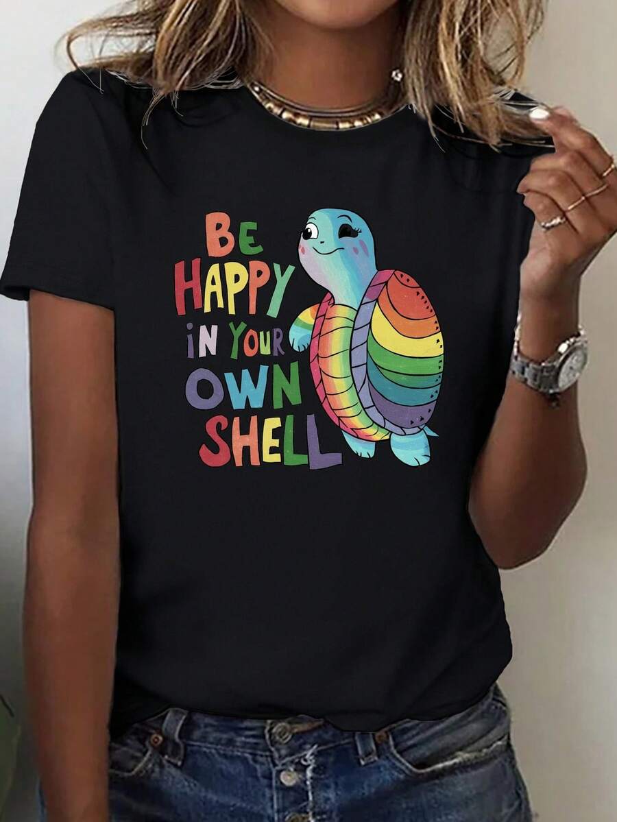 Rainbow Turtle Print Crew Neck T-Shirt, Casual Short Sleeve Top For Spring & Summer, Women's Clothing - Black - View 1