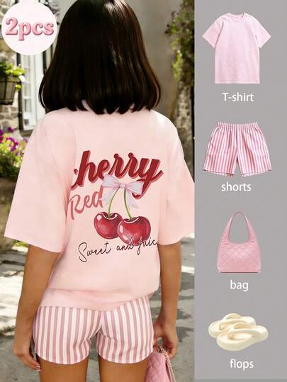 2pcs Tween Girl Summer Outfit - Short Sleeve T-Shirt Paired With Striped Shorts, Fashionable/Y2K/Streetwear Style, Artistic Vibe Top And Shorts Set