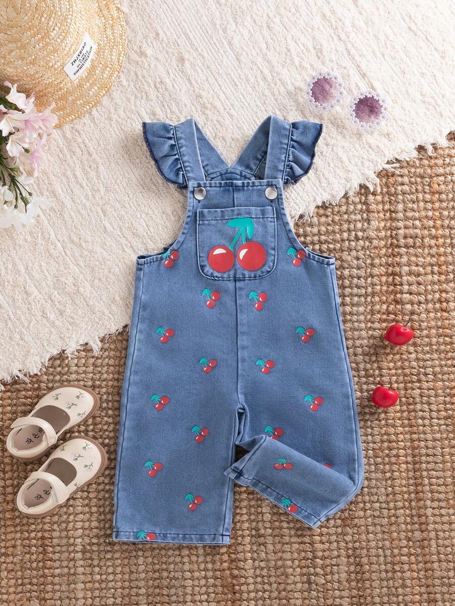 1件女嬰甜美櫻桃印花吊帶連身褲，適合日常、戶外、通勤、度假、上學 - 藍色 - 查看 1