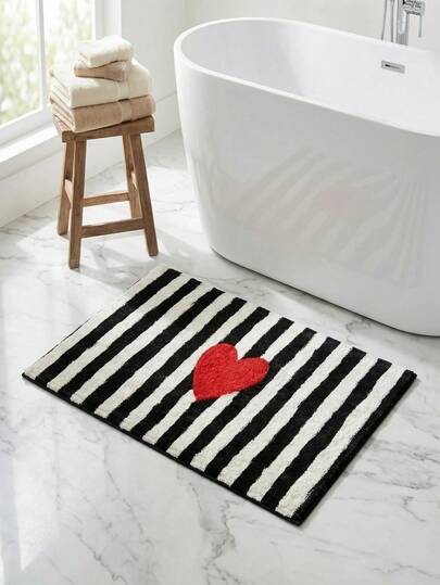 Thảm chùi chân sọc đen trắng, hình trái tim, có thể giặt máy, mềm mại và thoải mái, thích hợp cho nhà bếp, phòng tắm, phòng ngủ và mục đích trang trí.