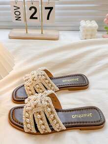 2026 New Pearl Embellished Flat Slide Sandals, Elegant One-Strap Beach Slippers For Women - Off White - View 5